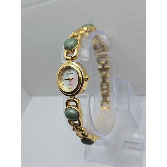 Elgin II Womens Gold Tone Jade Color Bracelet Watch MOP Dial Quartz New Battery - Picture 2 of 10